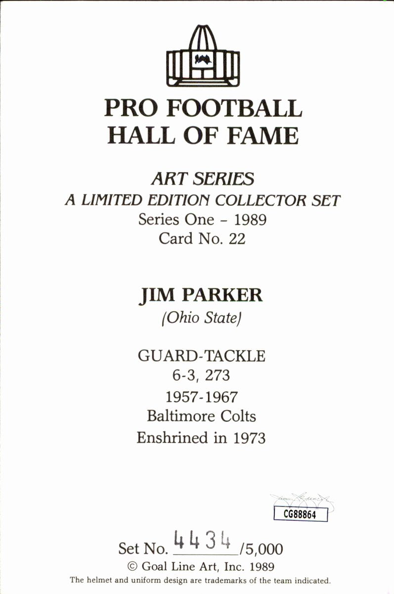 Jim Parker Colts HOF Autographed Goal Line Art GLAC Postcard JSA