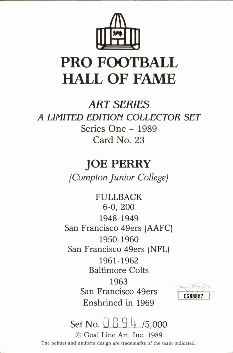Joe Perry 49ers HOF Autographed Goal Line Art GLAC Postcard JSA