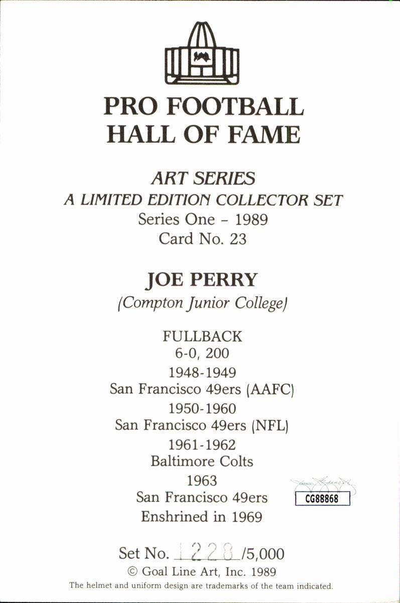 Joe Perry 49ers HOF Autographed Goal Line Art GLAC Postcard JSA