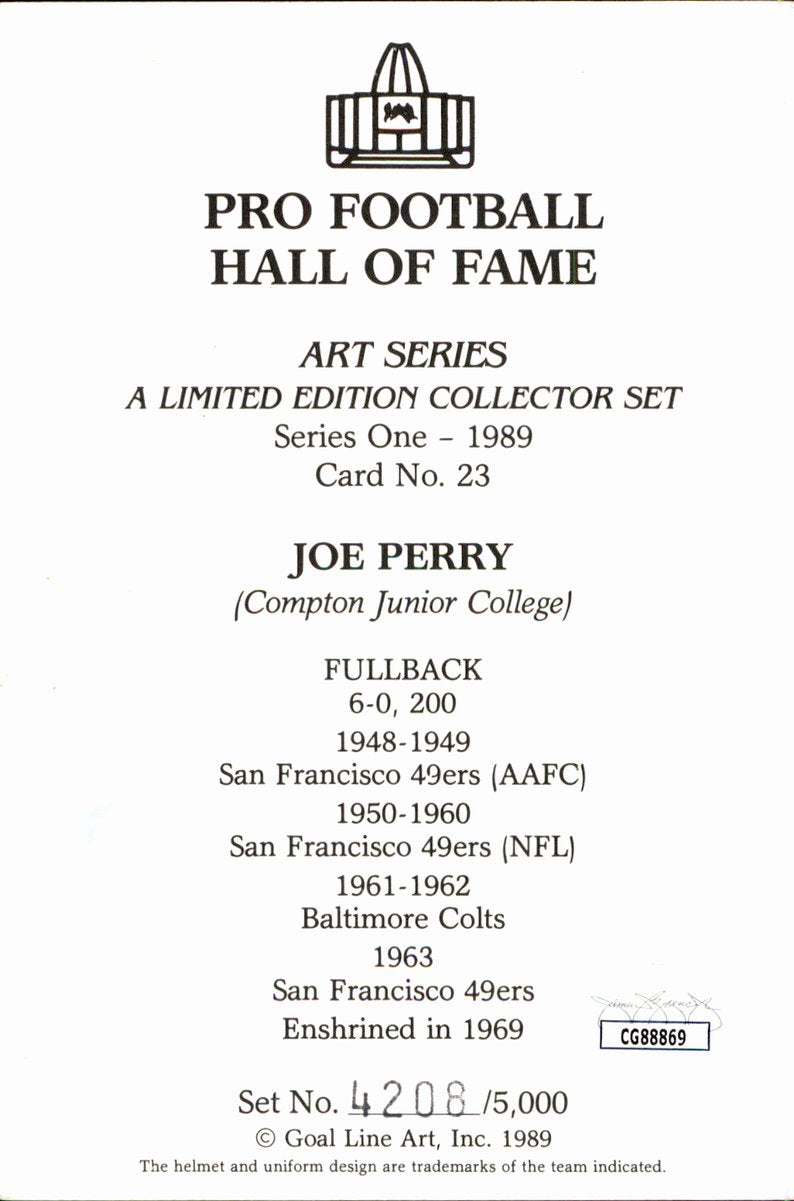 Joe Perry 49ers HOF Autographed Goal Line Art GLAC Postcard JSA