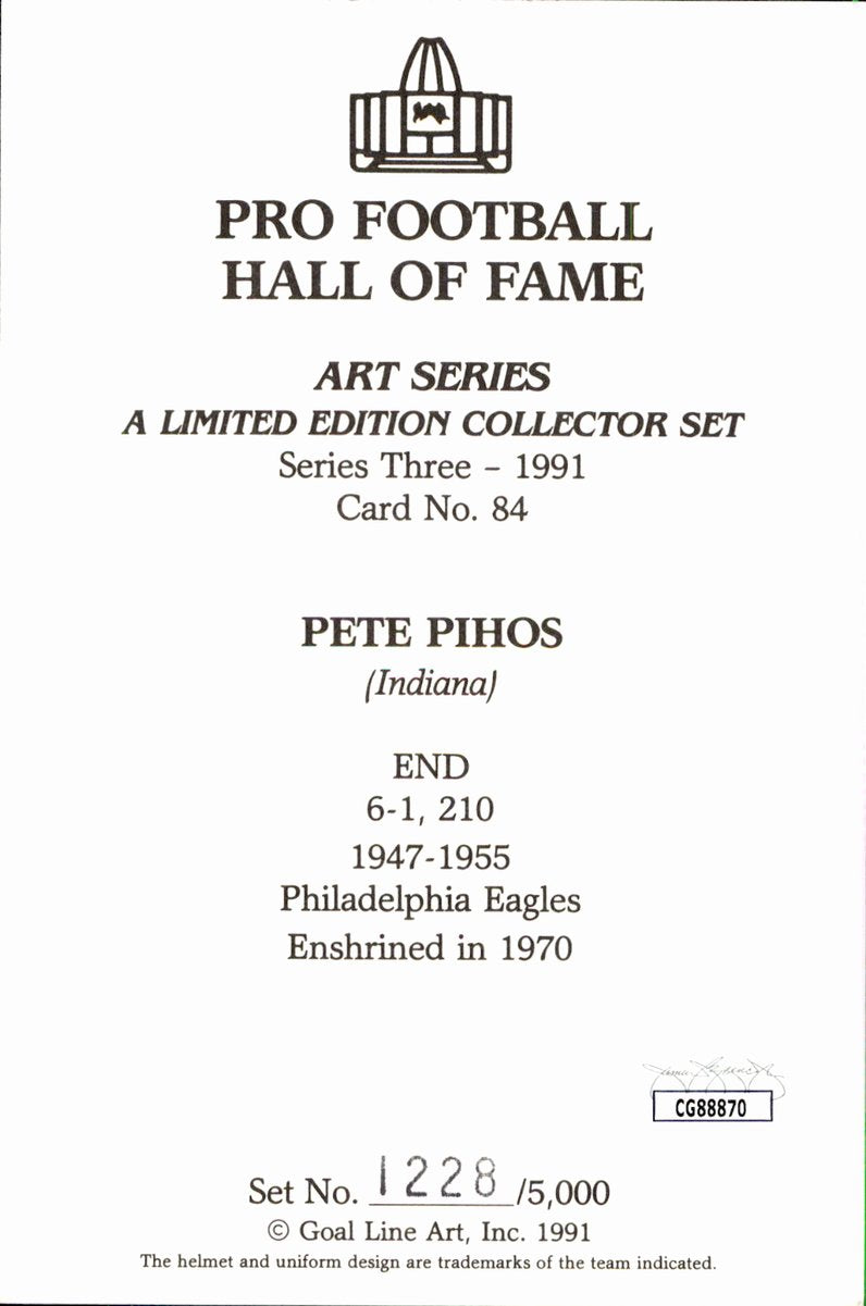Pete Pihos Eagles HOF Autographed Goal Line Art GLAC Postcard JSA