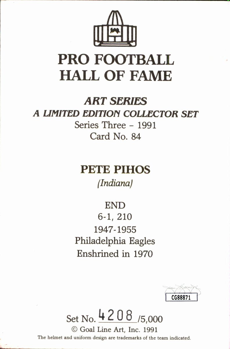 Pete Pihos Eagles HOF Autographed Goal Line Art GLAC Postcard JSA