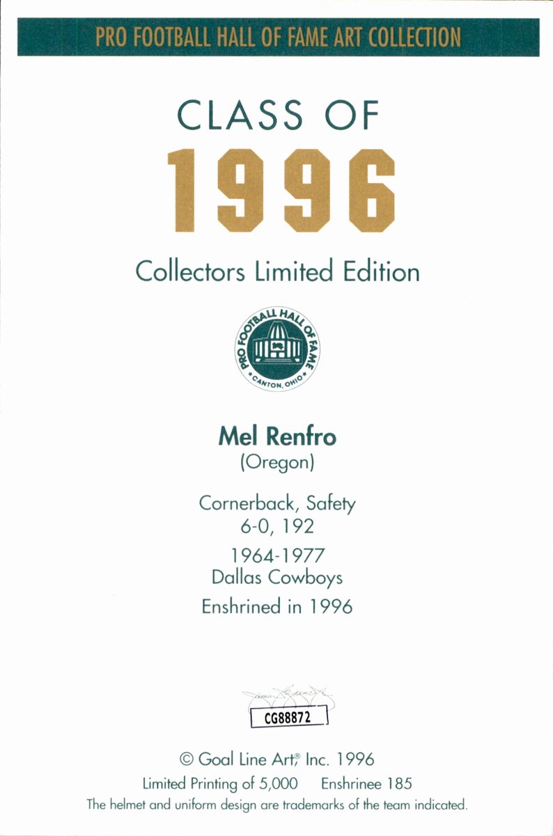 Mel Renfro Cowboys HOF Autographed Goal Line Art GLAC Postcard JSA