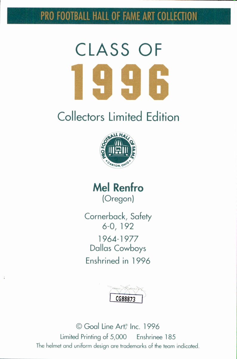 Mel Renfro Cowboys HOF Autographed Goal Line Art GLAC Postcard JSA