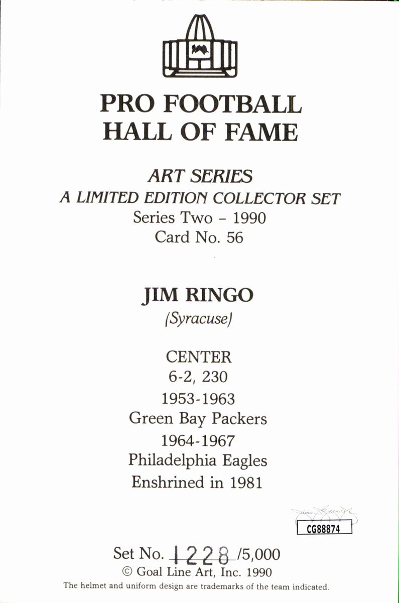 Jim Ringo Packers HOF Autographed Goal Line Art GLAC Postcard JSA