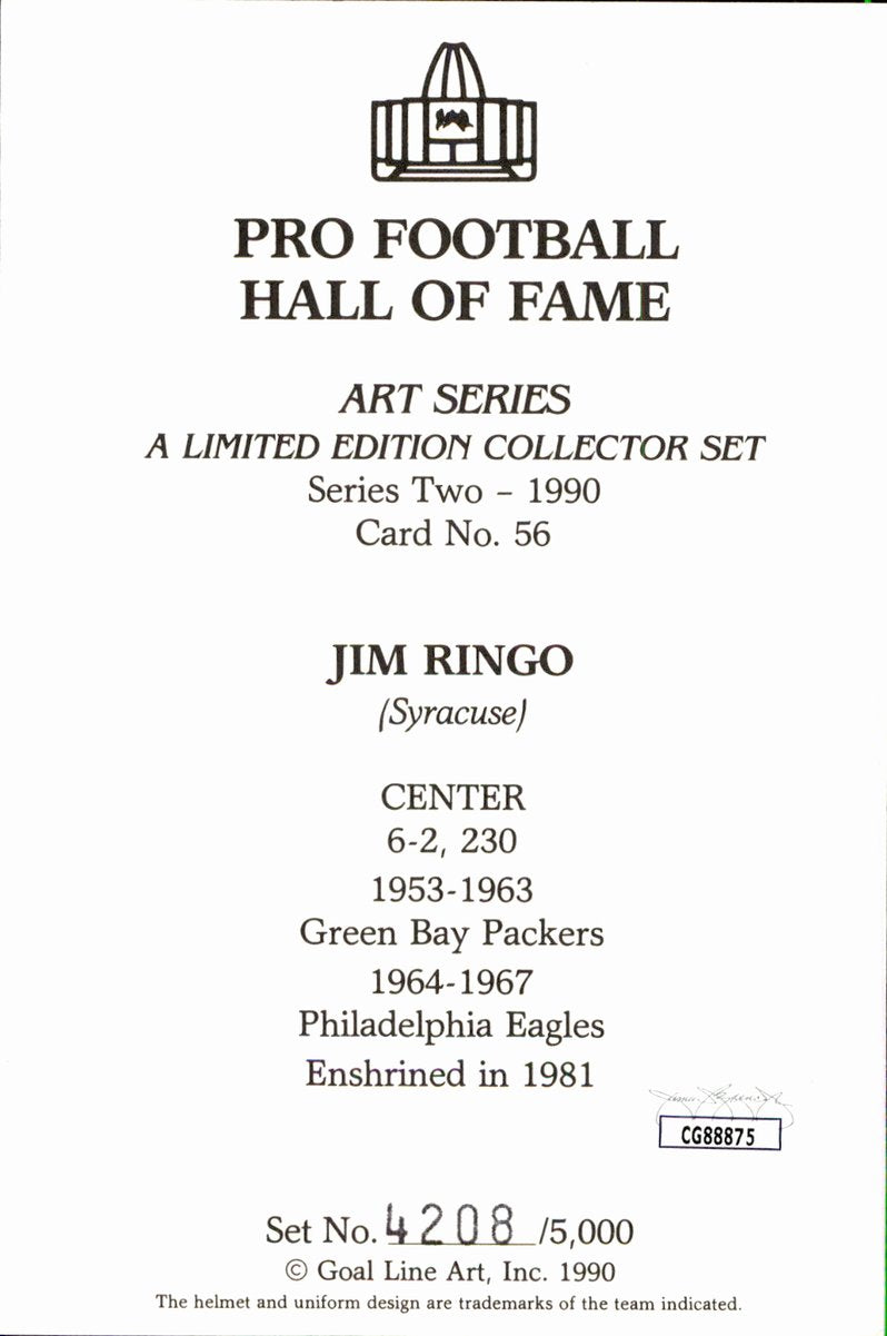 Jim Ringo Packers HOF Autographed Goal Line Art GLAC Postcard JSA