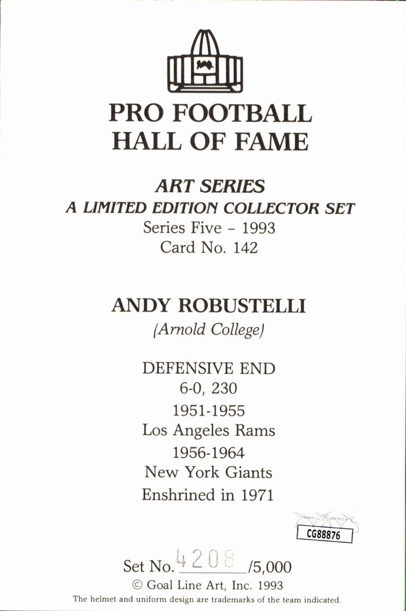 Andy Robustelli Giants HOF Autographed Goal Line Art GLAC Postcard JSA