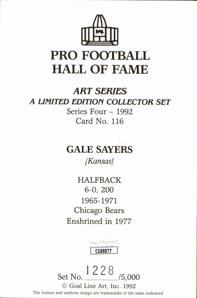 Gale Sayers Bears HOF Autographed Goal Line Art GLAC Postcard JSA
