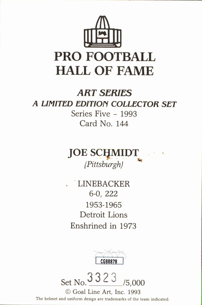 Joe Schmidt Lions HOF Autographed Goal Line Art GLAC Postcard JSA