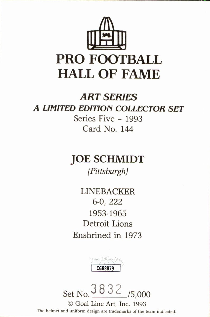 Joe Schmidt Lions HOF Autographed Goal Line Art GLAC Postcard JSA