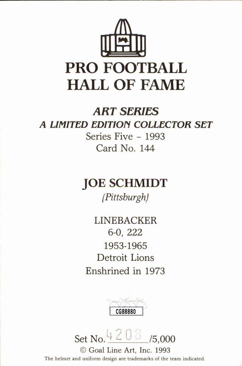 Joe Schmidt Lions HOF Autographed Goal Line Art GLAC Postcard JSA