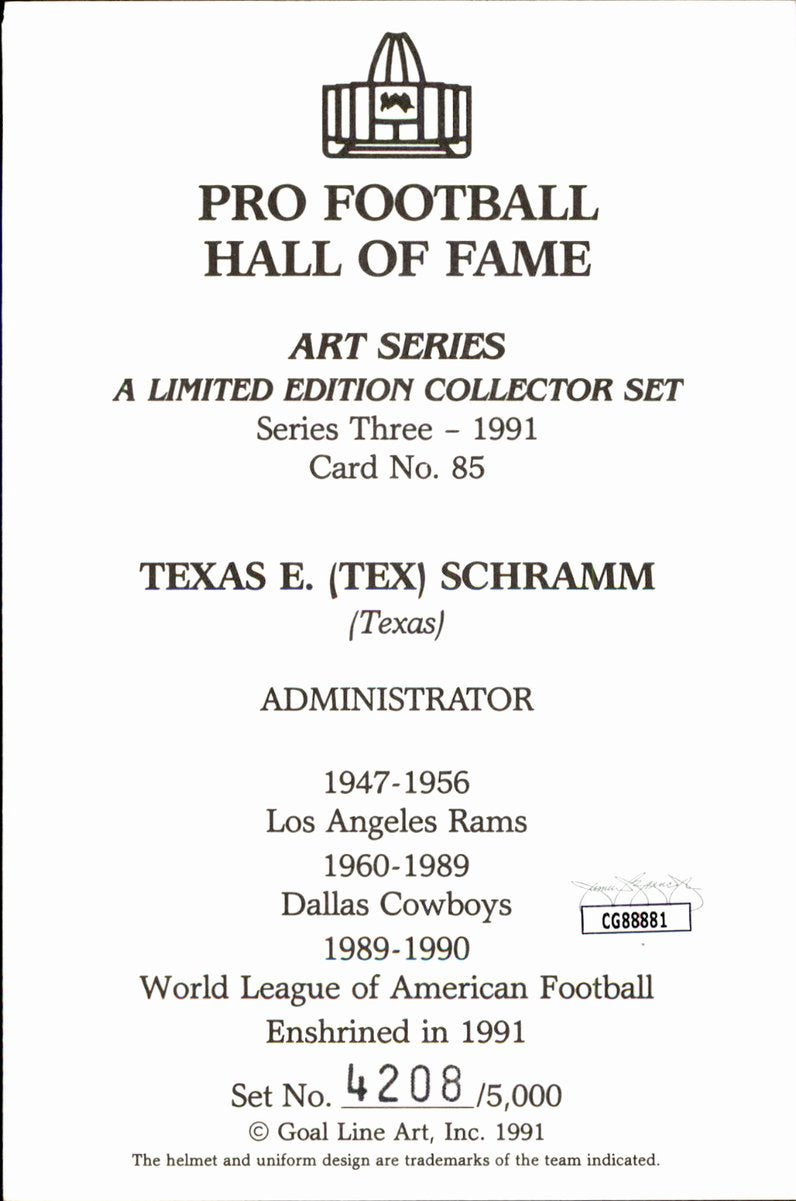 Tex Schramm Cowboys HOF Autographed Goal Line Art GLAC Postcard JSA