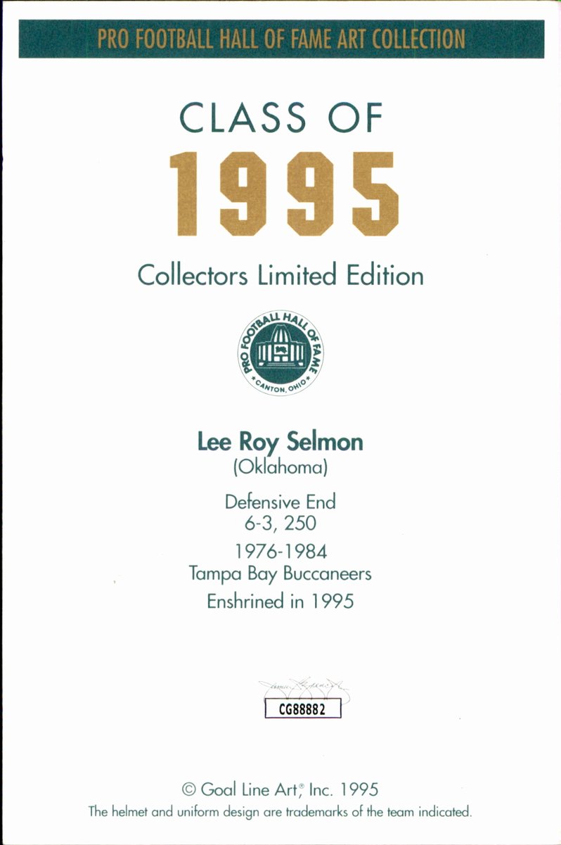 Lee Roy Selmon Tamp Bay Buccaneers HOF Autographed Goal Line Art GLAC Postcard JSA