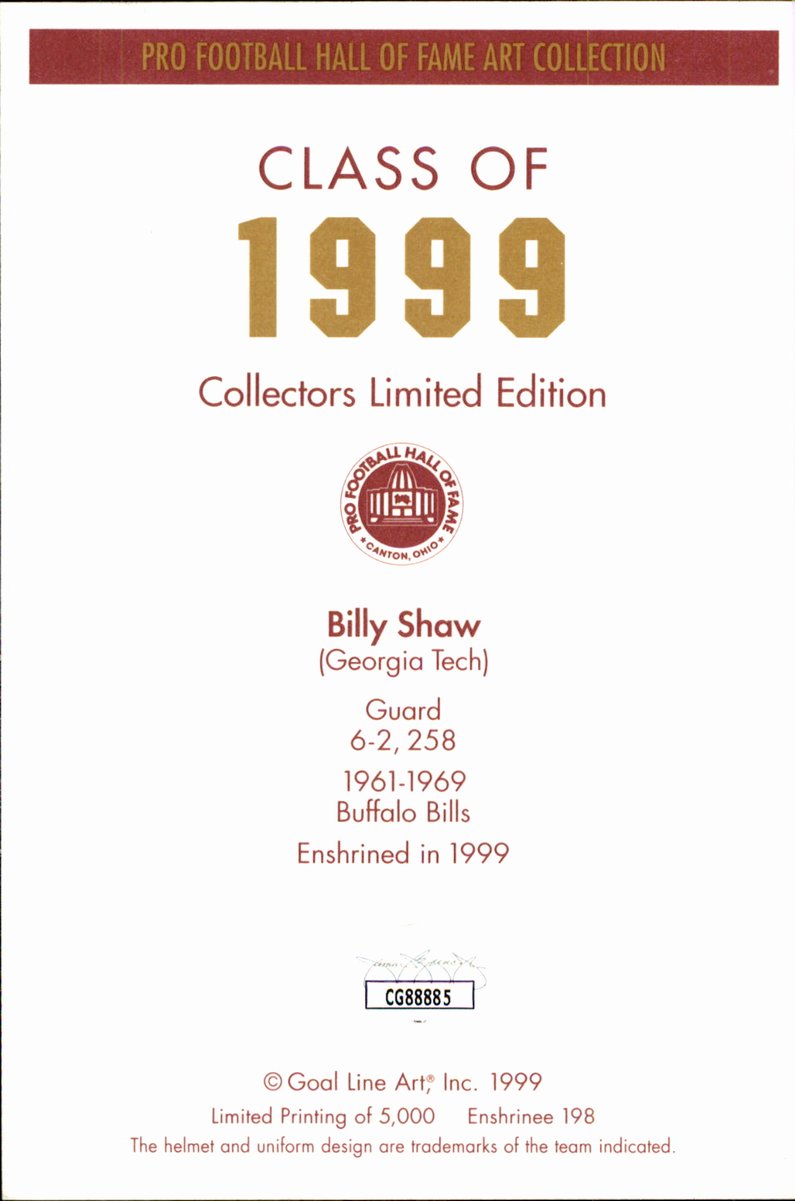 Billy Shaw Bills HOF Autographed Goal Line Art GLAC Postcard JSA