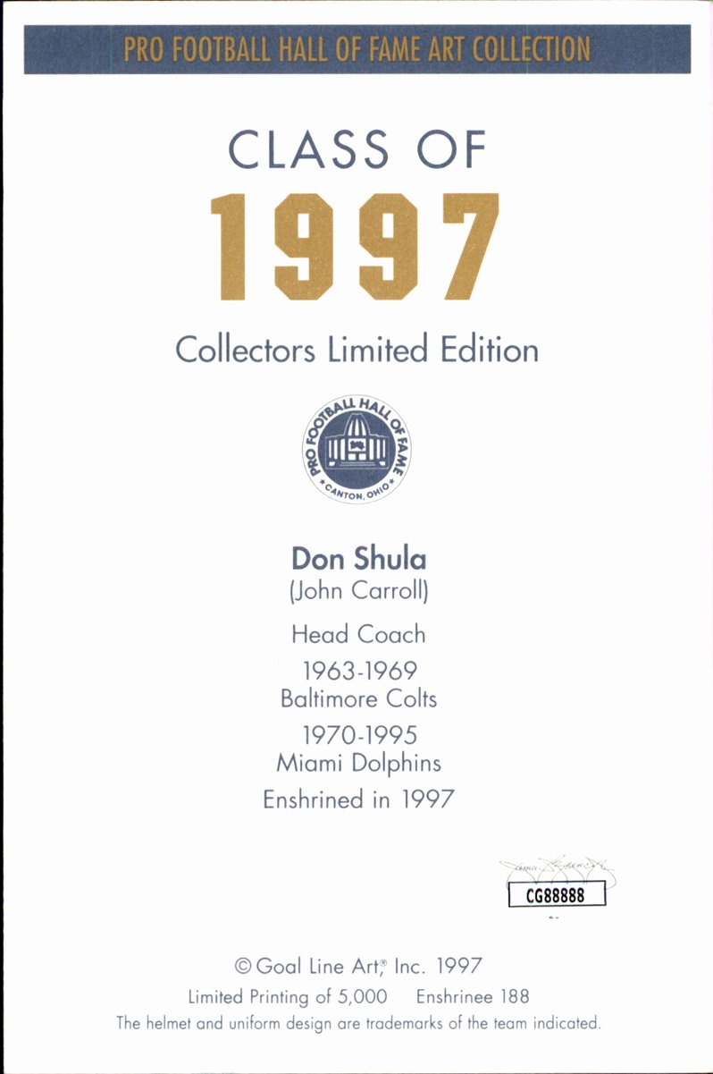 Don Shula Dolphins HOF Autographed Goal Line Art GLAC Postcard JSA
