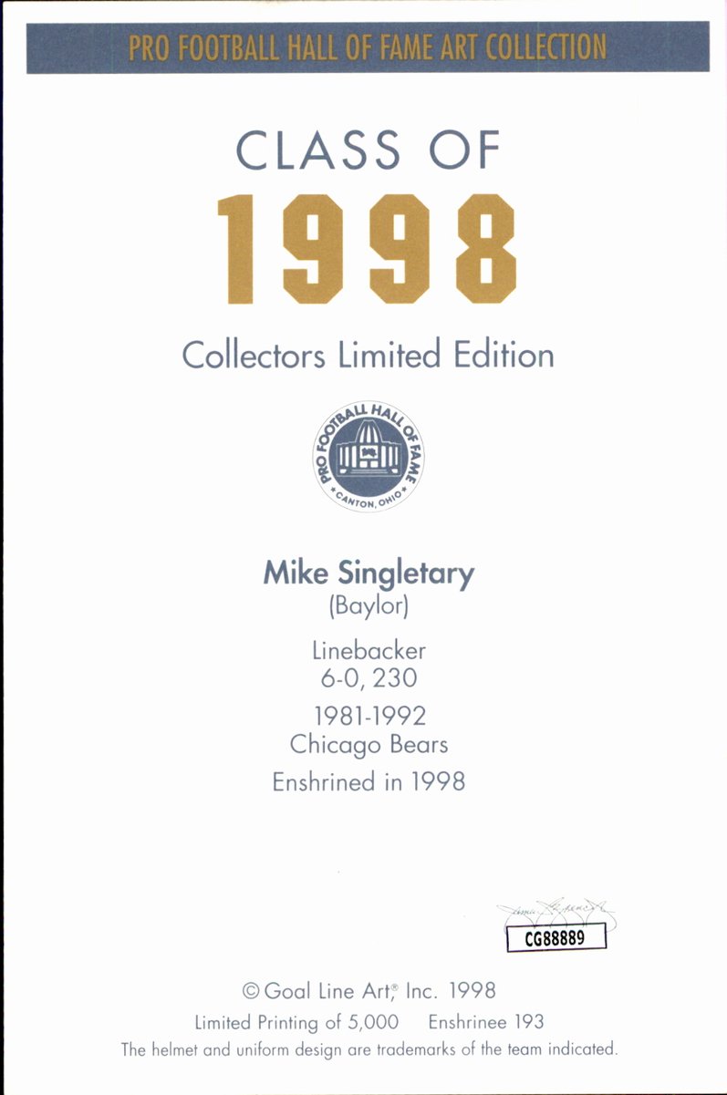 Mike Singletary Bears HOF Autographed Goal Line Art GLAC Postcard JSA