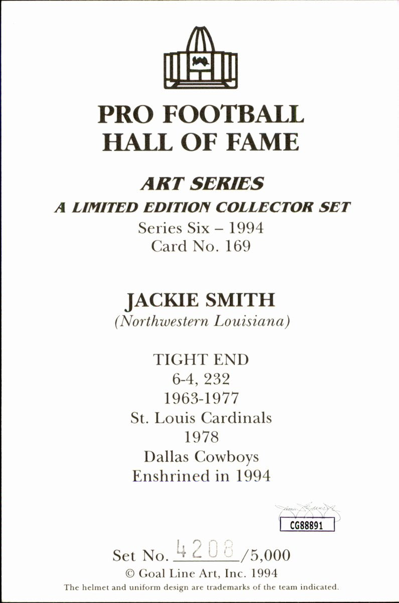 Jackie Smith Cardinals HOF Autographed Goal Line Art GLAC Postcard JSA