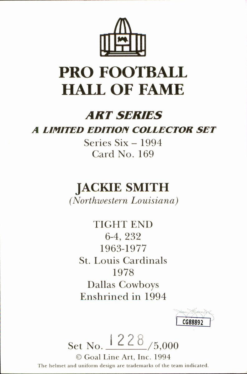 Jackie Smith Cardinals HOF Autographed Goal Line Art GLAC Postcard JSA