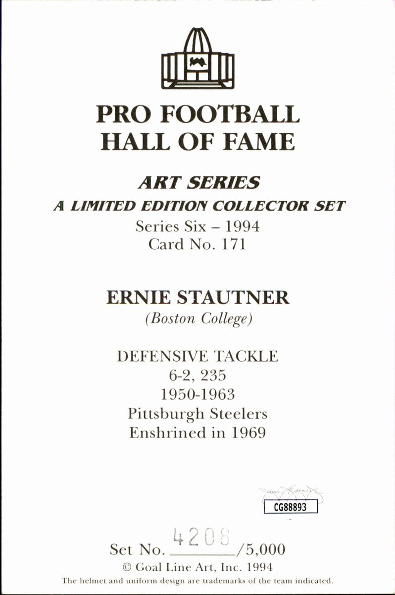 Ernie Stautner Steelers HOF Autographed Goal Line Art GLAC Postcard JSA