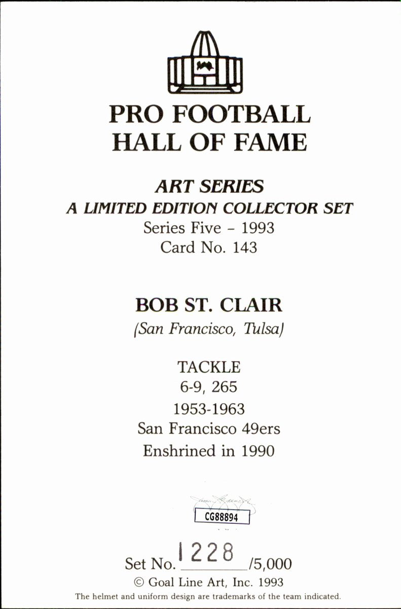 Bob St. Clair 49ers HOF Autographed Goal Line Art GLAC Postcard JSA