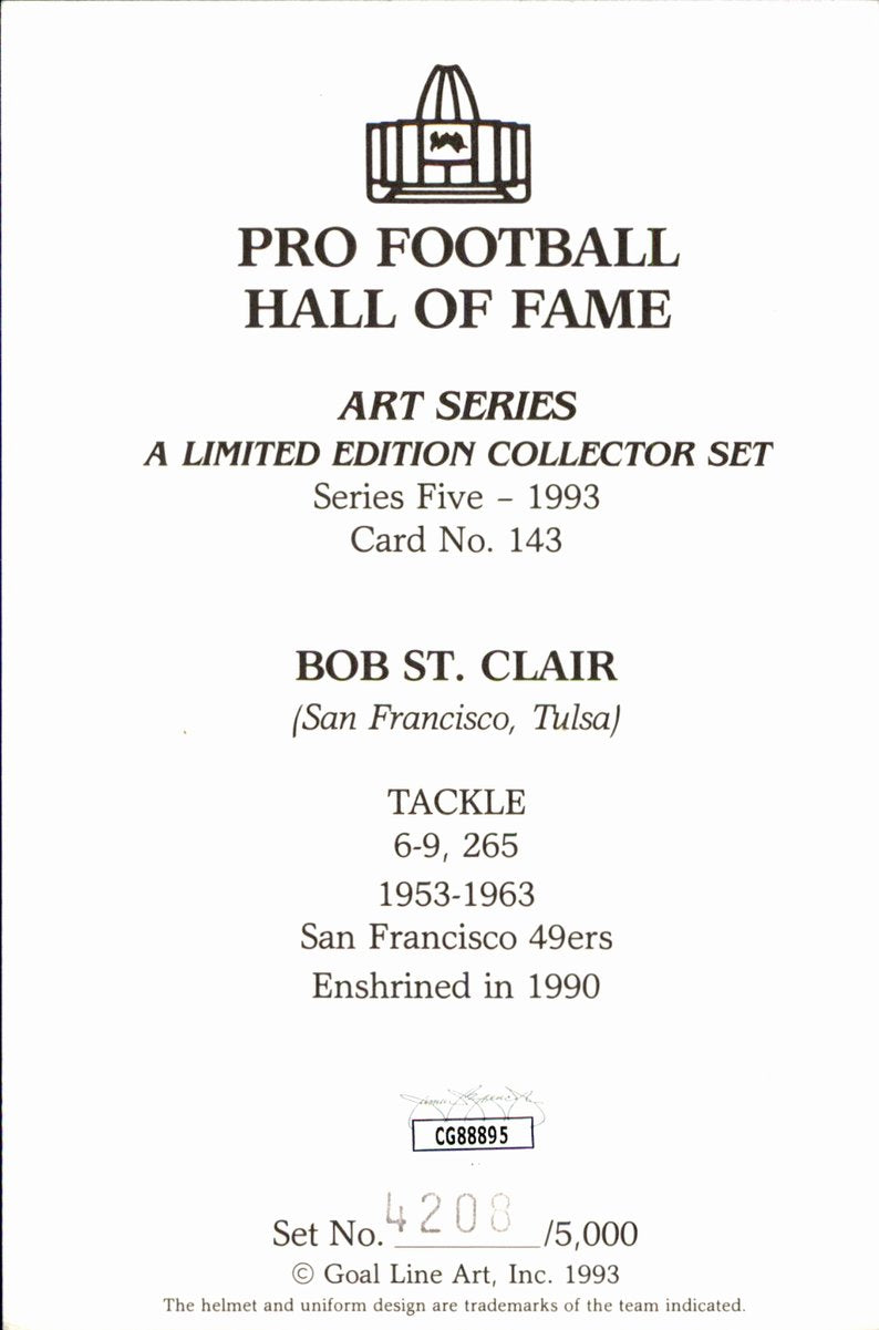 Bob St. Clair 49ers HOF Autographed Goal Line Art GLAC Postcard JSA