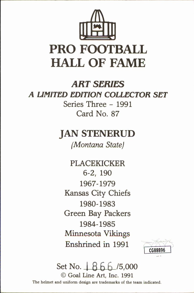 Jan Stenerud Chiefs Blue Seal 5/50 HOF Autographed Goal Line Art GLAC Postcard JSA