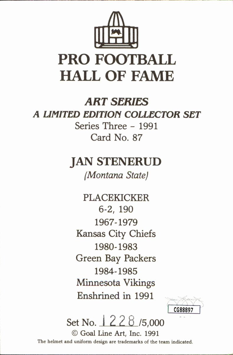 Jan Stenerud Chiefs HOF Autographed Goal Line Art GLAC Postcard JSA