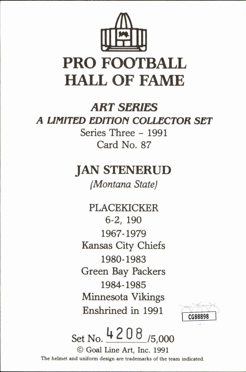 Jan Stenerud Chiefs HOF Autographed Goal Line Art GLAC Postcard JSA