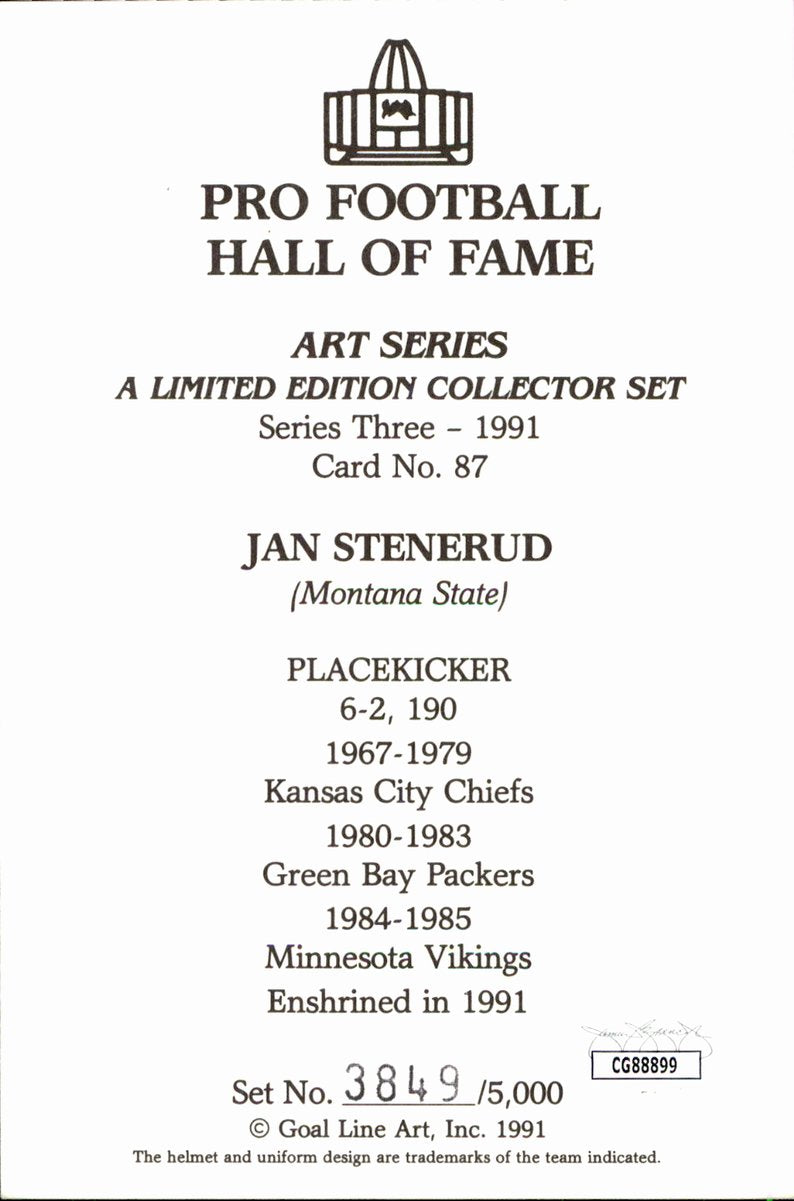 Jan Stenerud Chiefs HOF Autographed Goal Line Art GLAC Postcard JSA