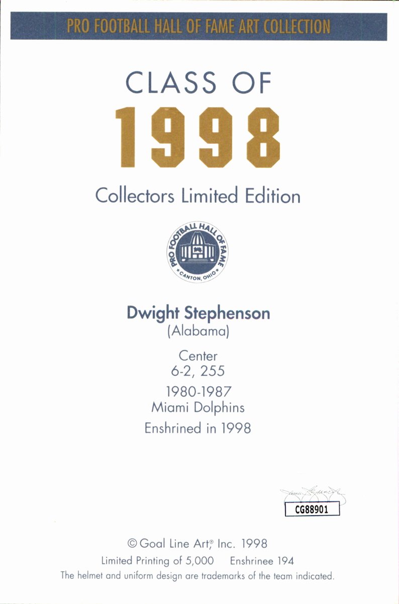 Dwight Stephenson Dolphins HOF Autographed Goal Line Art GLAC Postcard JSA
