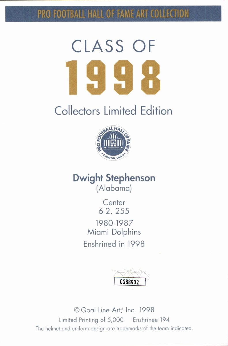 Dwight Stephenson Dolphins HOF Autographed Goal Line Art GLAC Postcard JSA