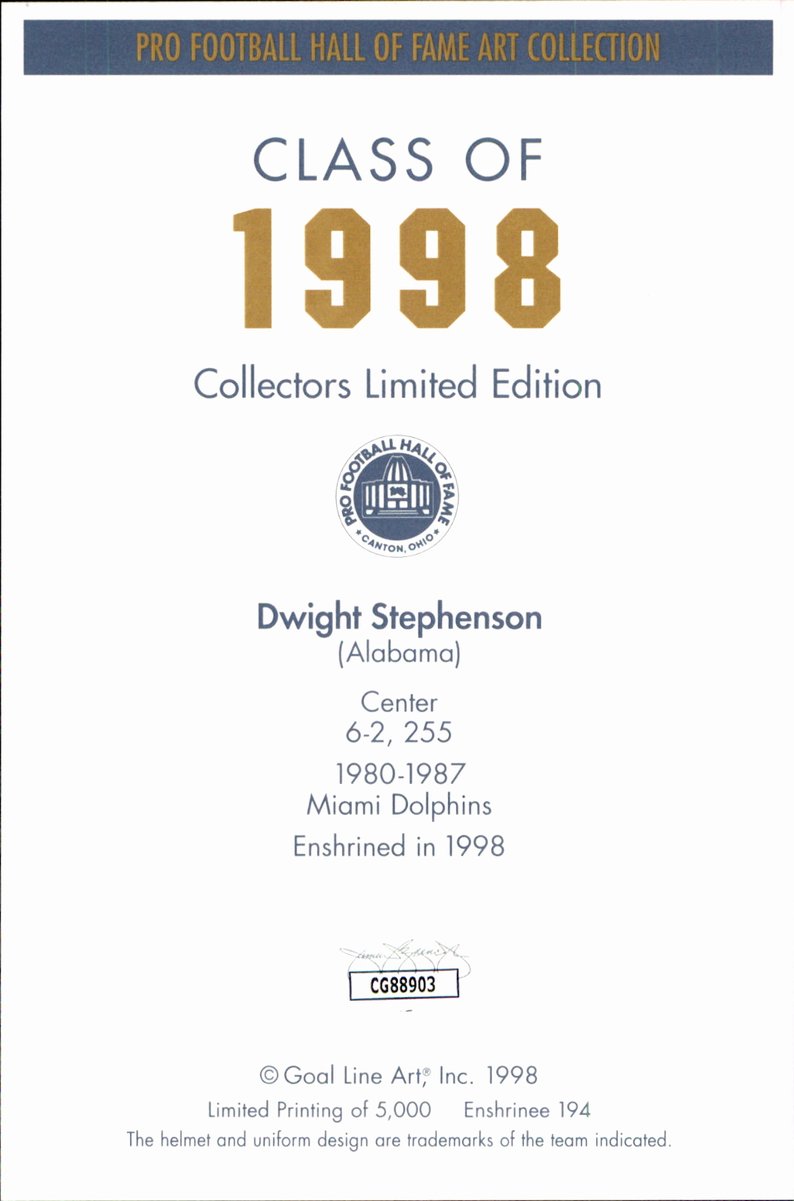 Dwight Stephenson Dolphins HOF Autographed Goal Line Art GLAC Postcard JSA