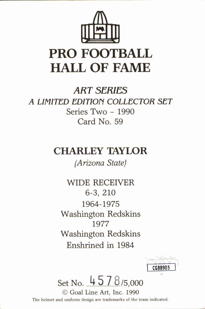 Charley Taylor Redskins HOF Autographed Goal Line Art GLAC Postcard JSA