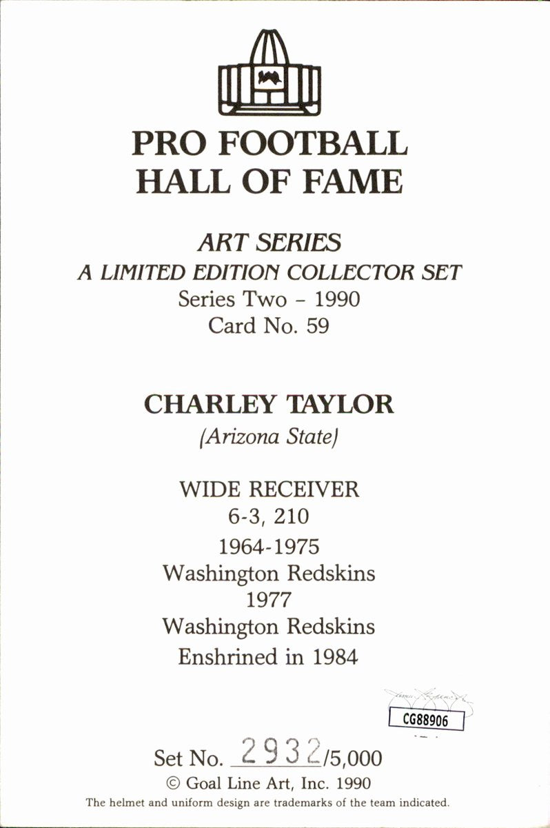 Charley Taylor Redskins HOF Autographed Goal Line Art GLAC Postcard JSA