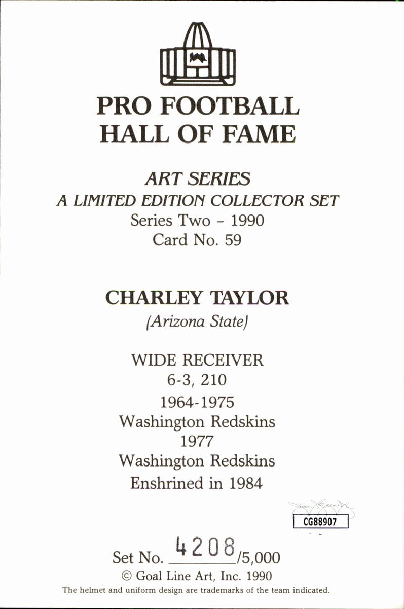 Charley Taylor Redskins HOF Autographed Goal Line Art GLAC Postcard JSA
