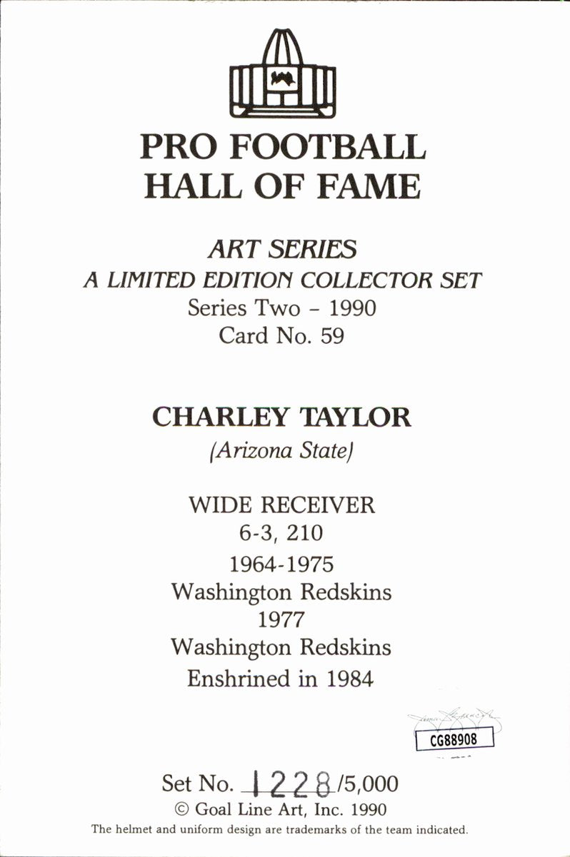 Charley Taylor Redskins HOF Autographed Goal Line Art GLAC Postcard JSA