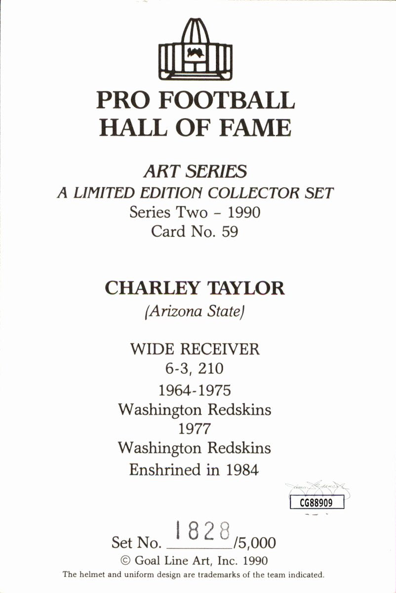 Charley Taylor Redskins HOF Autographed Goal Line Art GLAC Postcard JSA
