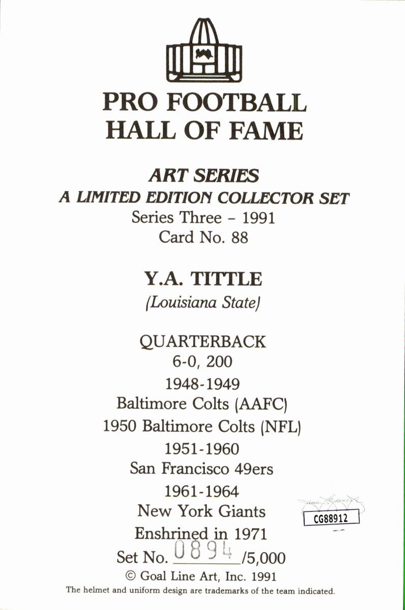 Y.A. Tittle Giants HOF Autographed Goal Line Art GLAC Postcard JSA