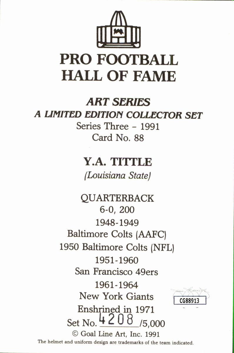Y.A. Tittle Giants HOF Autographed Goal Line Art GLAC Postcard JSA