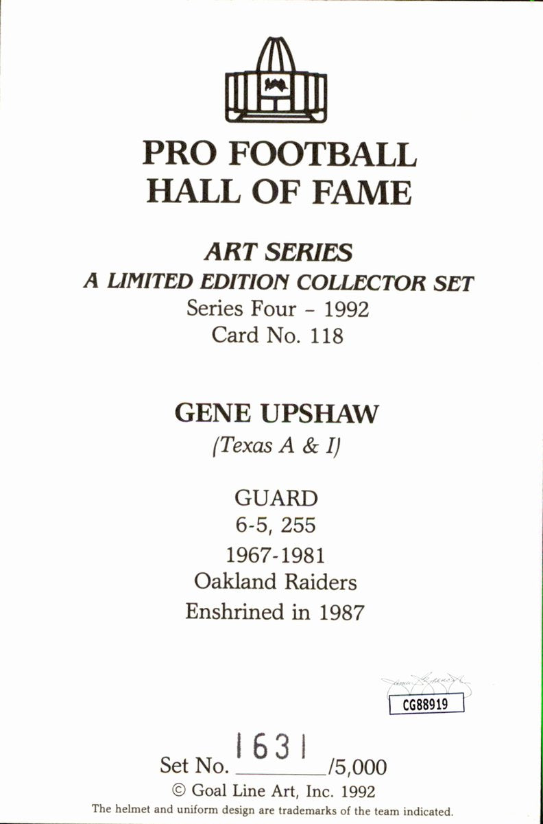 Gene Upshaw Raiders HOF Autographed Goal Line Art GLAC Postcard JSA