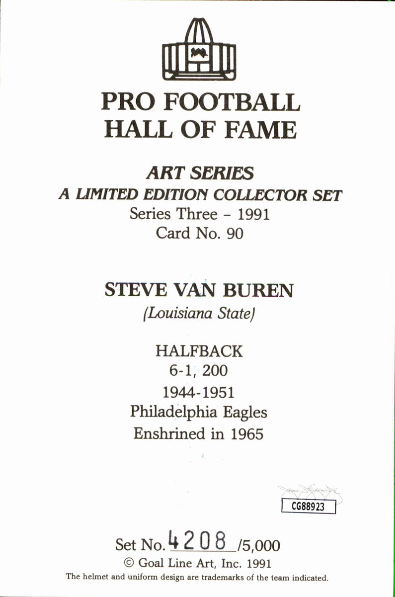 Steve Van Buren Eagles HOF Autographed Goal Line Art GLAC Postcard JSA