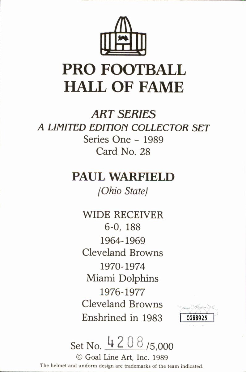 Paul Warfield Browns HOF Autographed Goal Line Art GLAC Postcard JSA