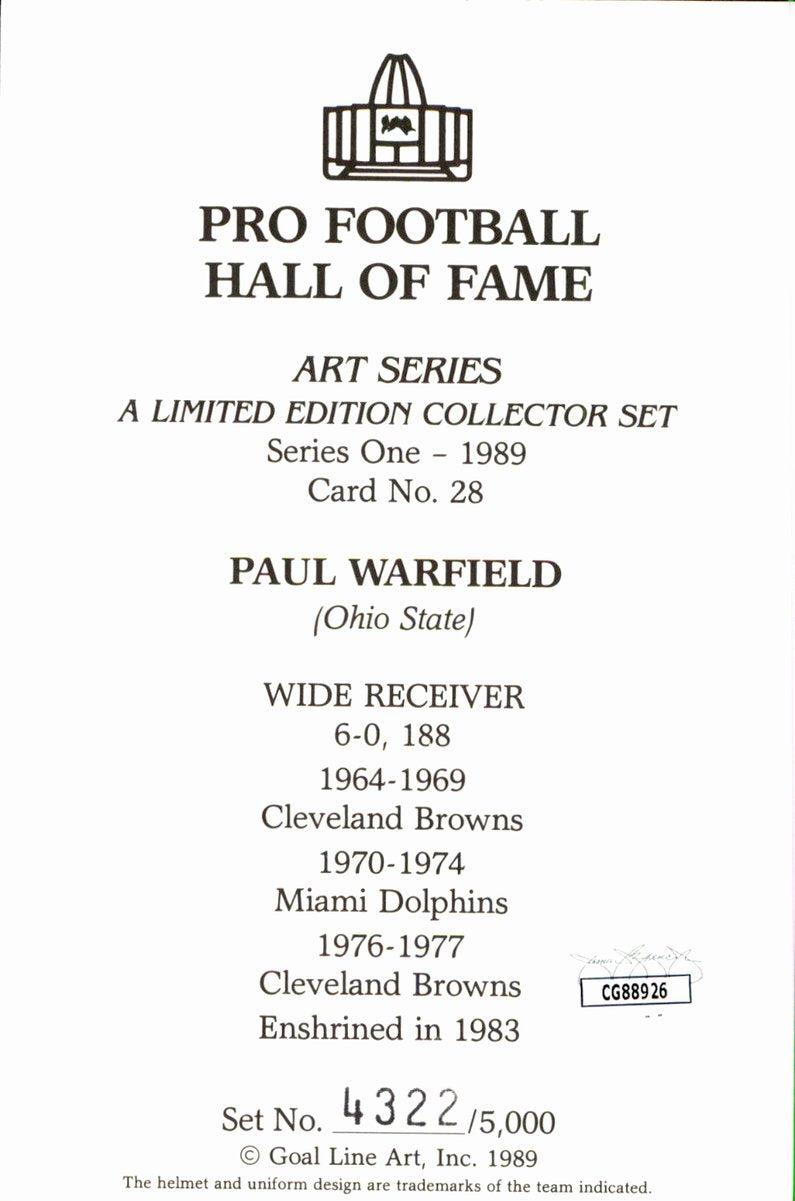 Paul Warfield Browns HOF Autographed Goal Line Art GLAC Postcard JSA