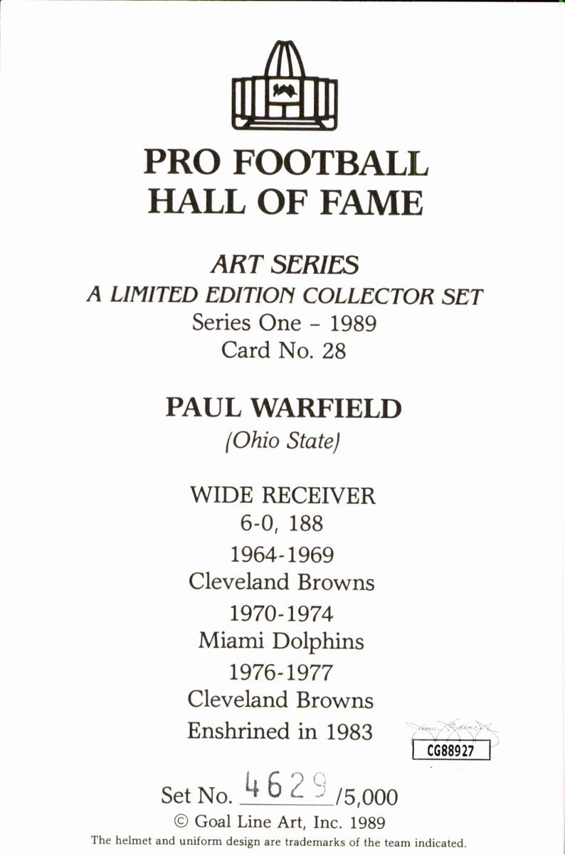 Paul Warfield Browns HOF Autographed Goal Line Art GLAC Postcard JSA