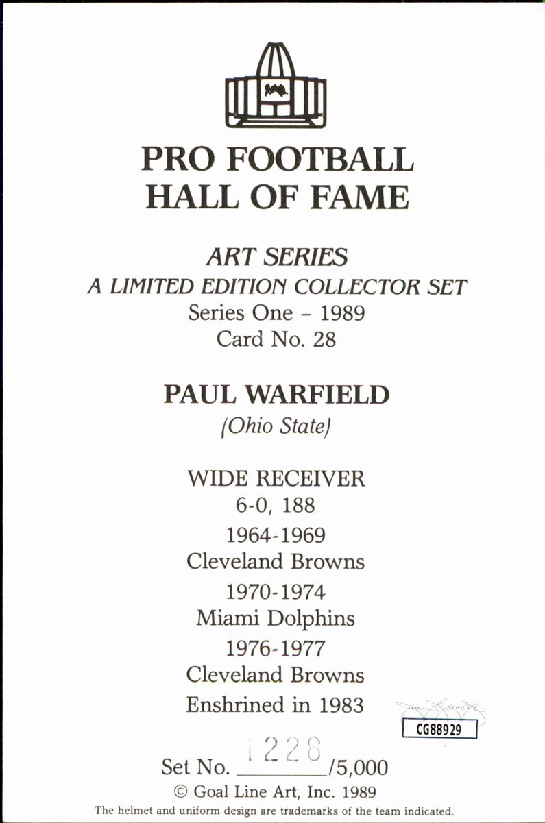 Paul Warfield Browns HOF Autographed Goal Line Art GLAC Postcard JSA