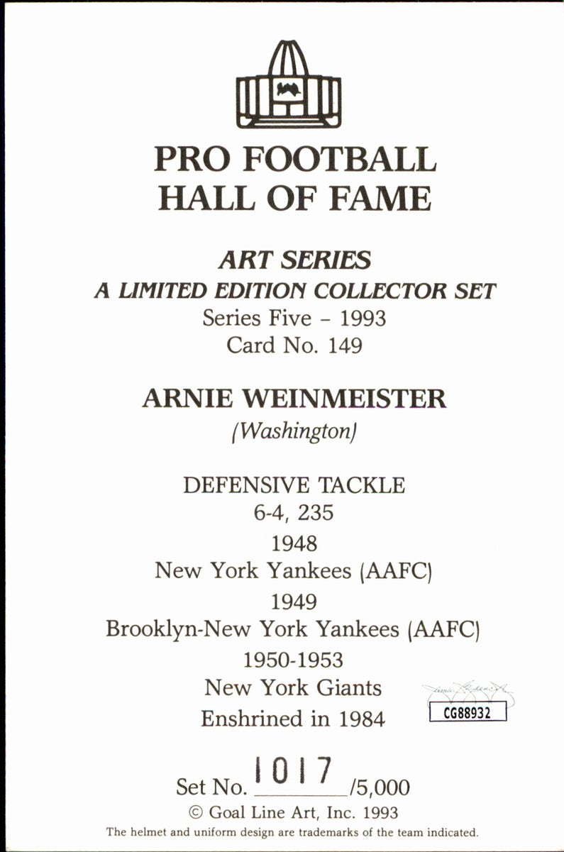 Arnie Weinmeister Giants HOF Autographed Goal Line Art GLAC Postcard JSA