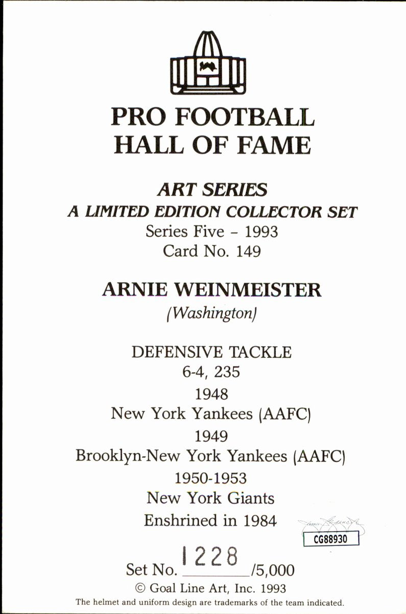 Arnie Weinmeister Giants HOF Autographed Goal Line Art GLAC Postcard JSA