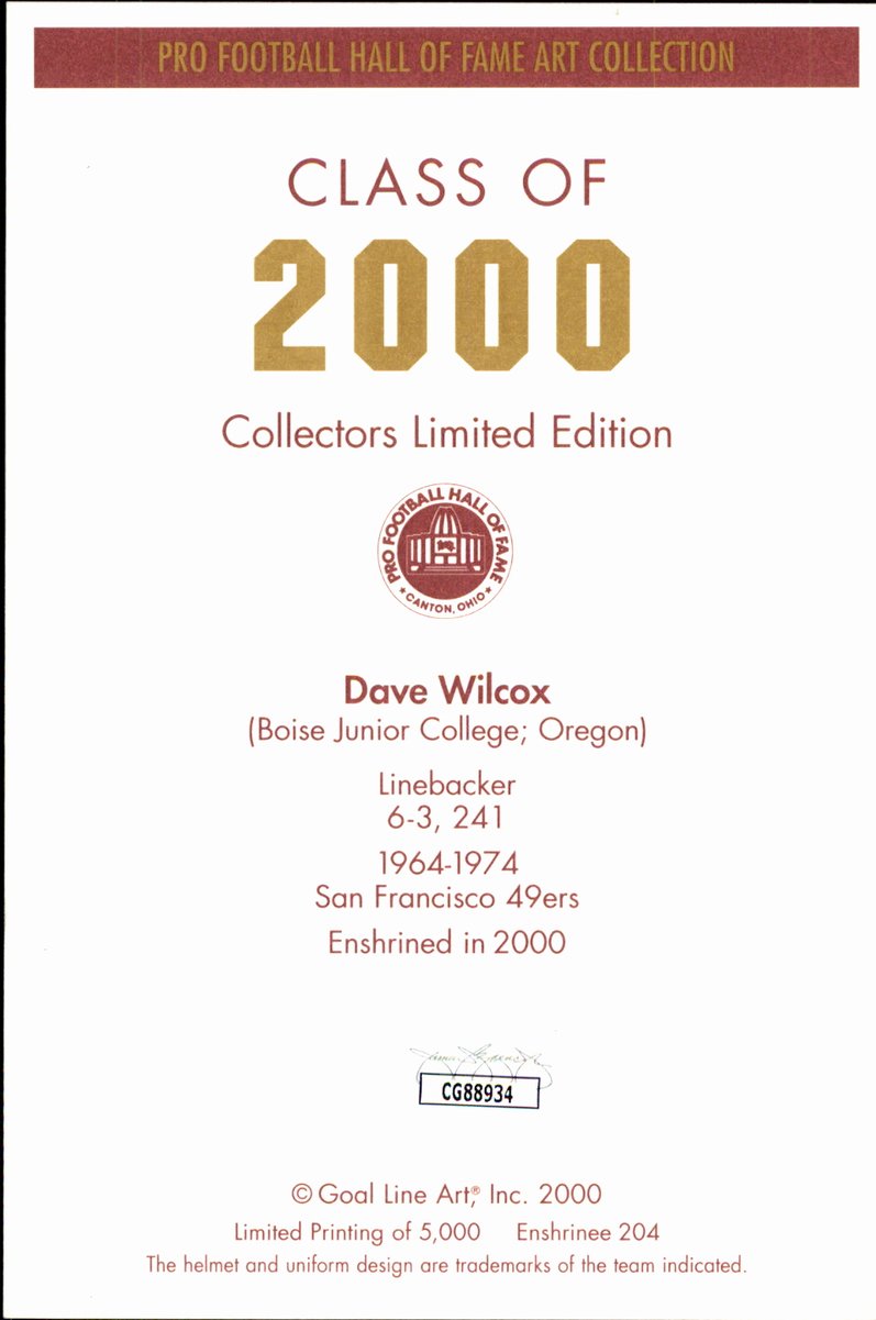 Dave Wilcox 49ers HOF Autographed Goal Line Art GLAC Postcard JSA