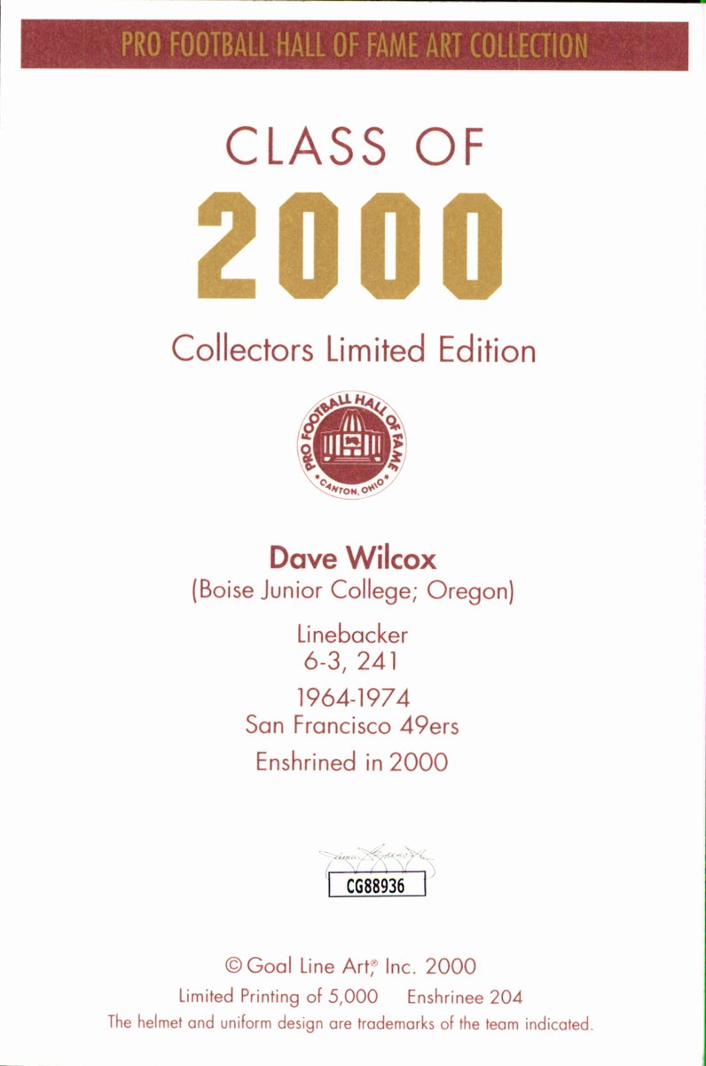 Dave Wilcox 49ers HOF Autographed Goal Line Art GLAC Postcard JSA