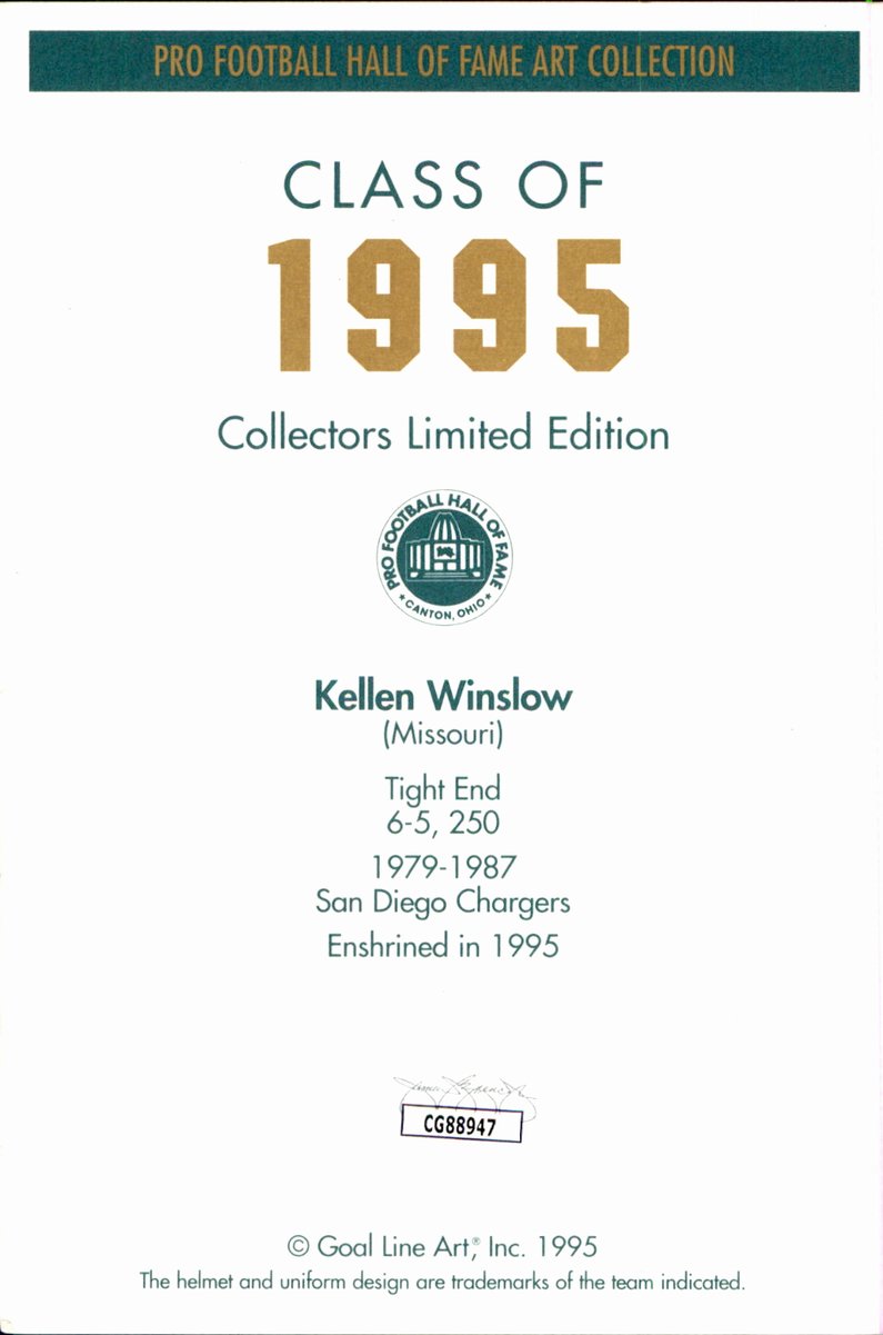 Kellen Winslow Chargers HOF Autographed Goal Line Art GLAC Postcard JSA